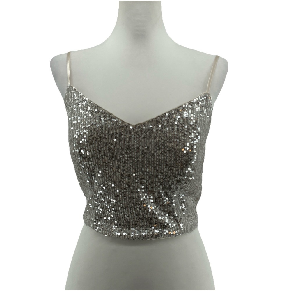 Crystal Sky Sequin Crop Top with Lace-up Back Women's Medium Holiday NYE Party